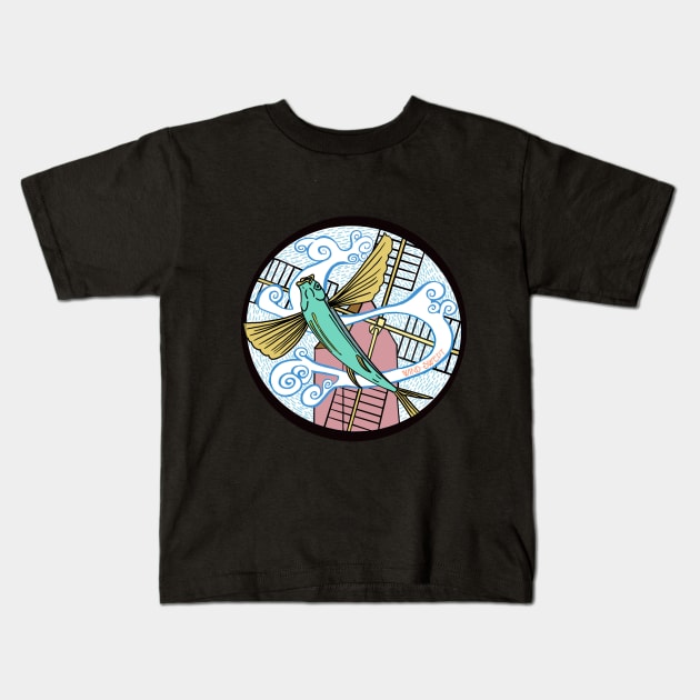 Art Nouveau Flying Fish and Windmill Kids T-Shirt by ErinaBDesigns